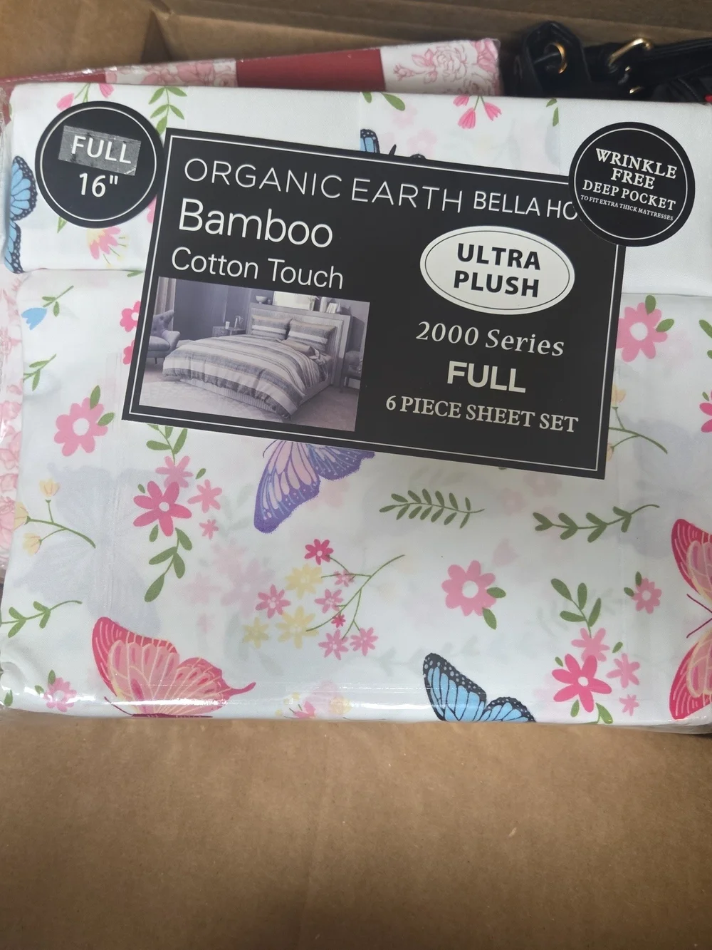 Bamboo Cotton-Touch Full Sheet Set - White with Pink & Blue Floral Butterflies